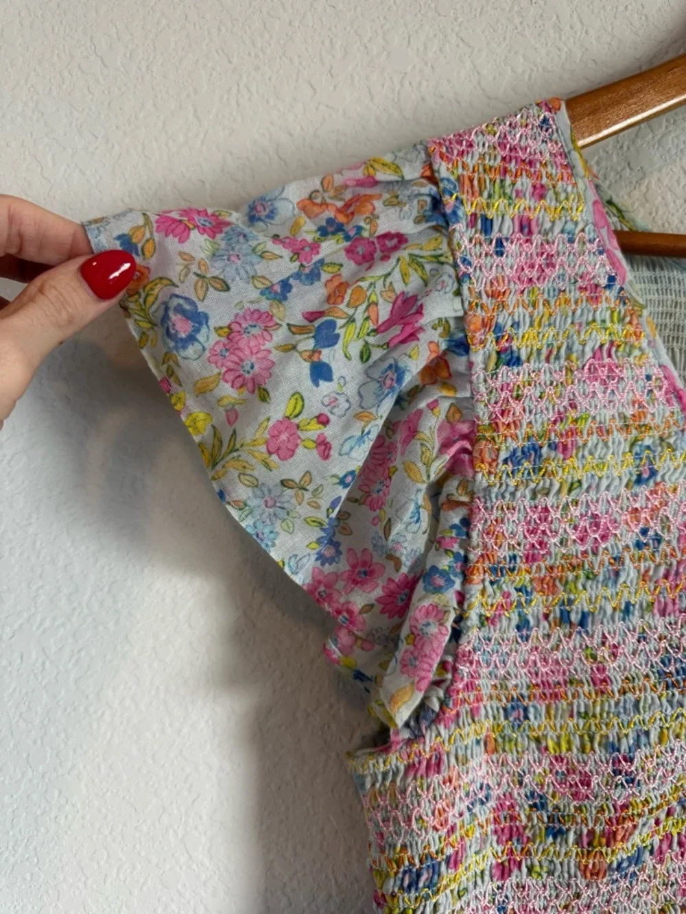 LoveShackFancy Sonora Floral Smocked Ruffle Mini Dress in Coral Reef Waves Sz L - Picture 5 of 11